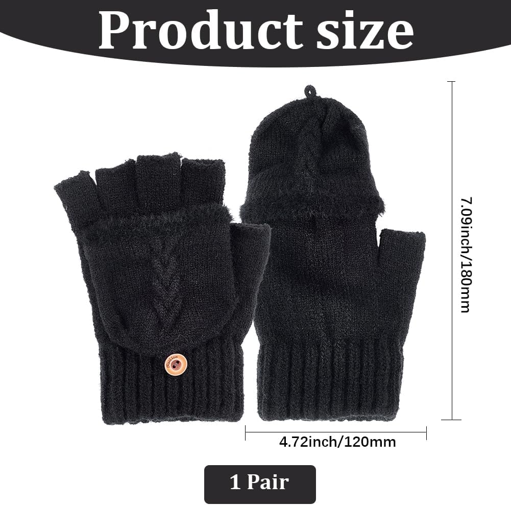 Warm Mittens with Finger Flap Cover Black Winter Flip Top Knit Fingerless Soft Convertible Crochet Knitted Thumb Hole Gloves Bulk for Unisex Women Men Typing Texting Outings Activity Driving image 2