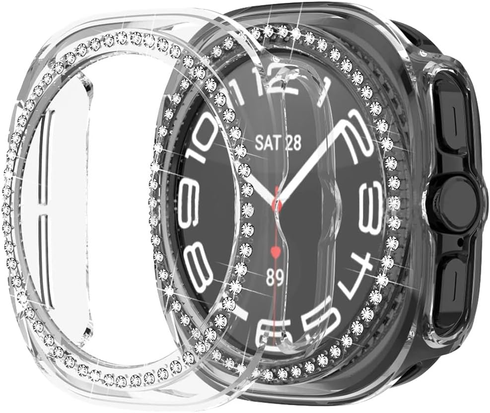 Compatible with Samsung Galaxy Watch Ultra 47mm LTE Bling Diamond Case PC Bumper Protective Cases Women Men Crystal Shining Rhinestone Cases Smartwatch Accessories Case (Clear Silver Black, 47mm)