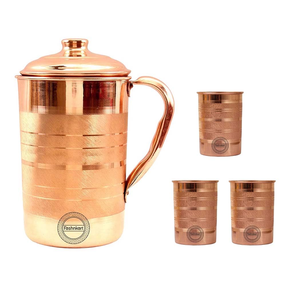 Reines Kupfer Krug mit 3 ayurvedischen Gesundheitsvorteilen 1,5 Liter handgefertigter Kupferwasserkrug mit 3 Tassen