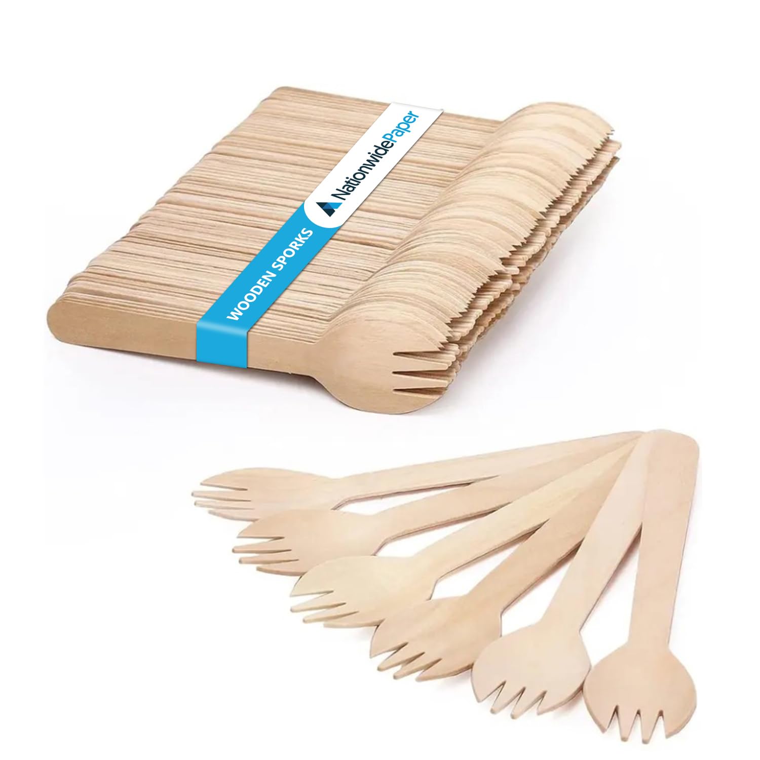 Nationwide Paper Disposable Wooden Cutlery Set of Forks, Knives, Spoons and Sporks (1000, Sporks)