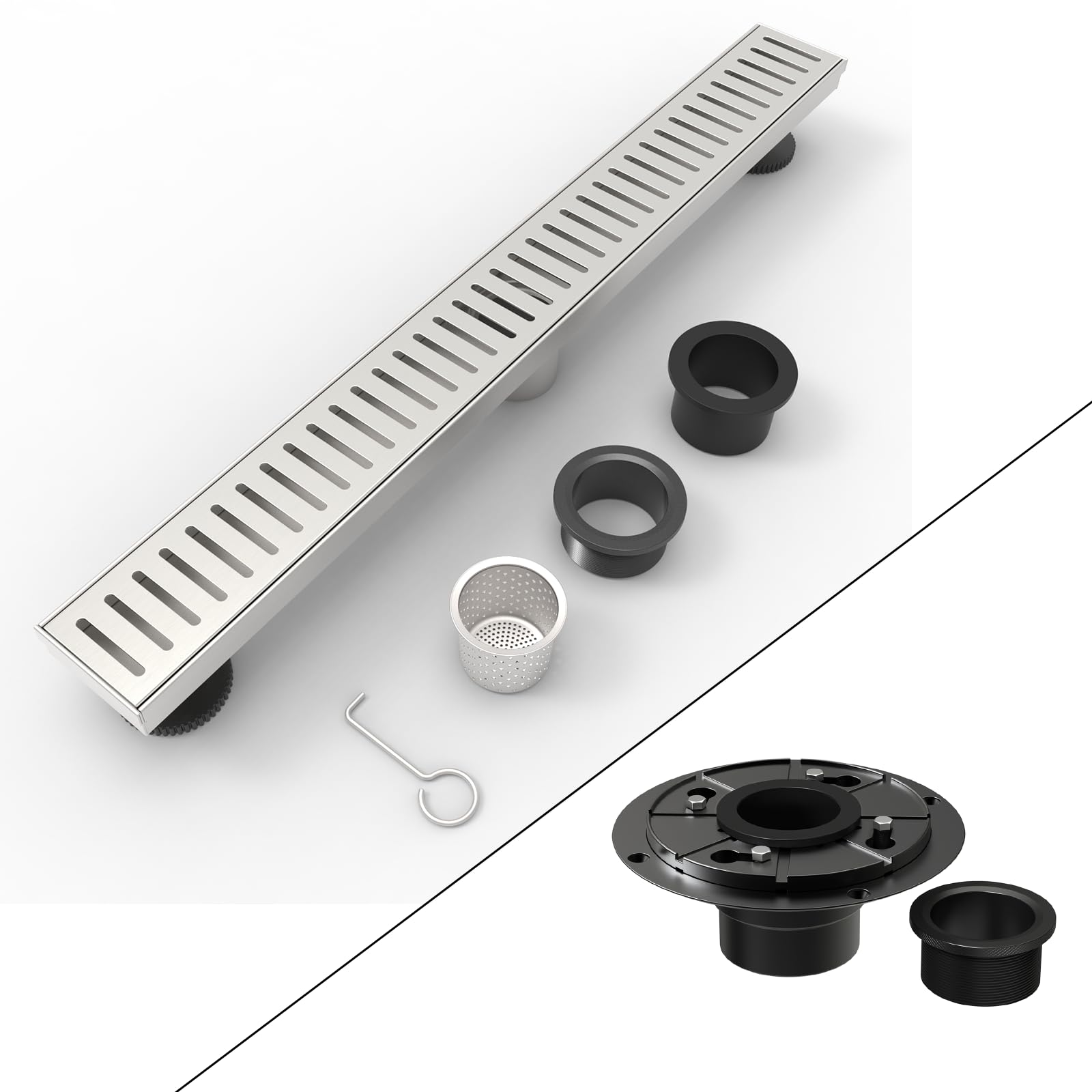 WEBANG ABS and PVC Material Shower Floor Drain Base Flange with Rubber Coupler & 24 Inch Capsule Pattern Cover Shower Linear Drain Brushed Nickel