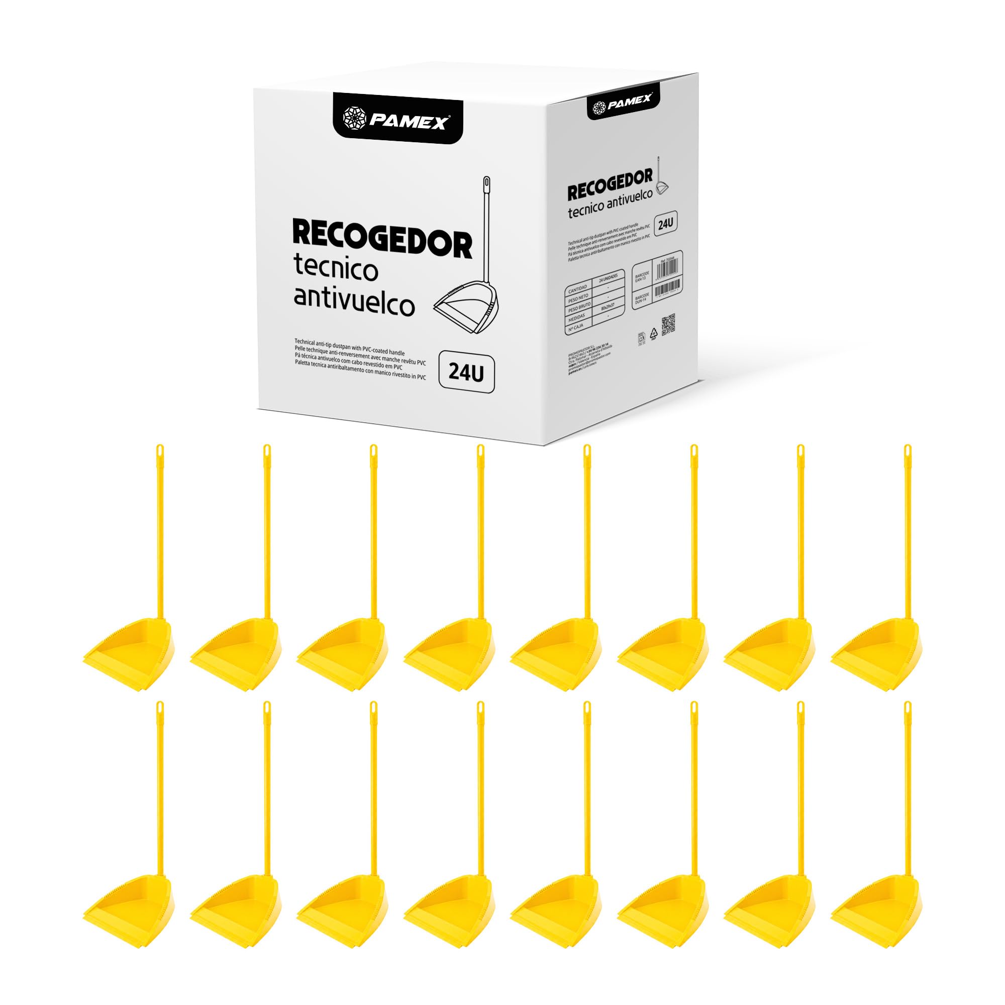 Pamex - Recogedor Tecnico Antivuelco con Palo Forrado PVC - 24 Unidades (Amarillo)