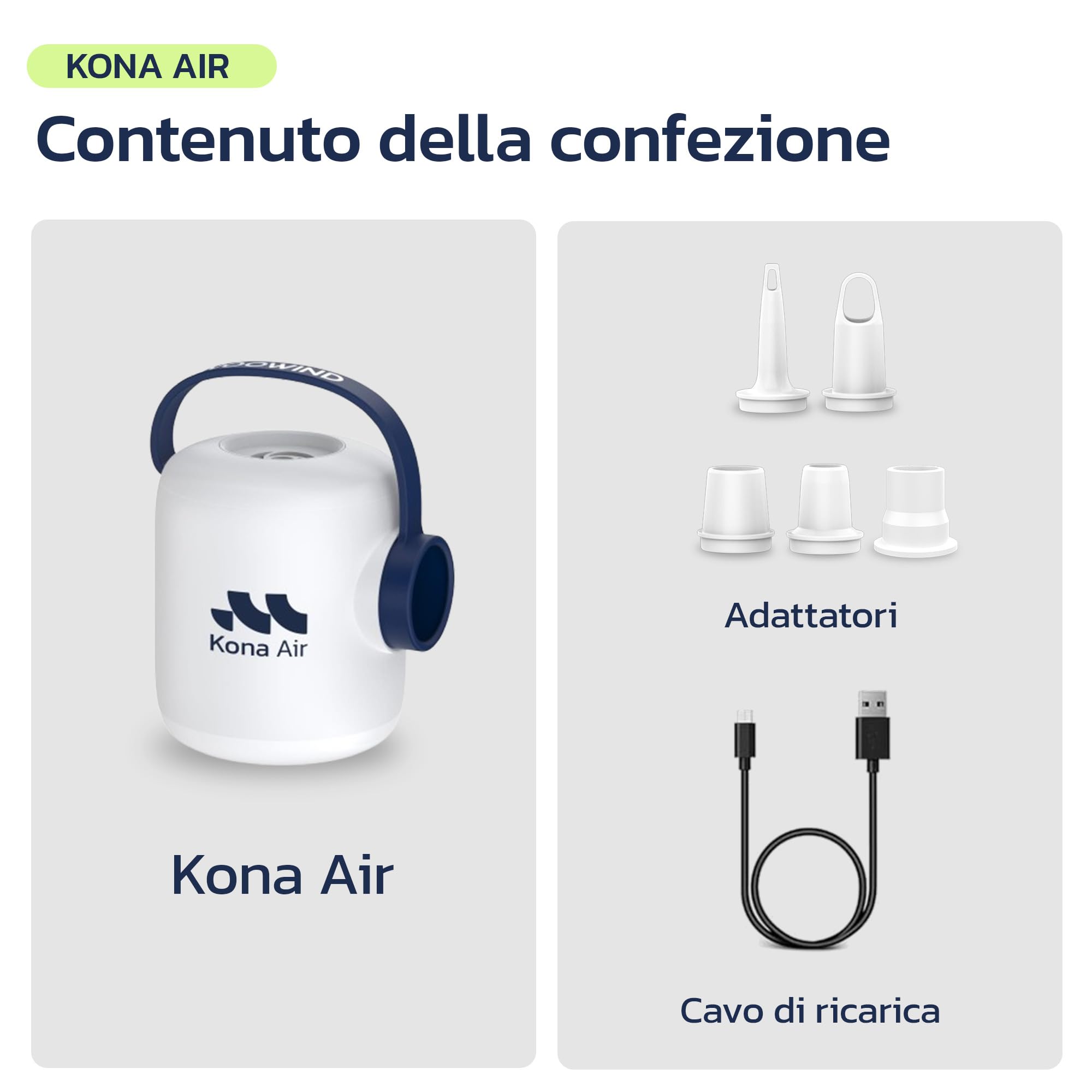 Woowind Kona Air Pompa Elettrica Per Materasso Gonfiabile, mini pompa ad aria per gonfiabili, portata 200 L/min, gonfia/sgonfia letti, galleggianti, tende, con luce LED di 10 ore