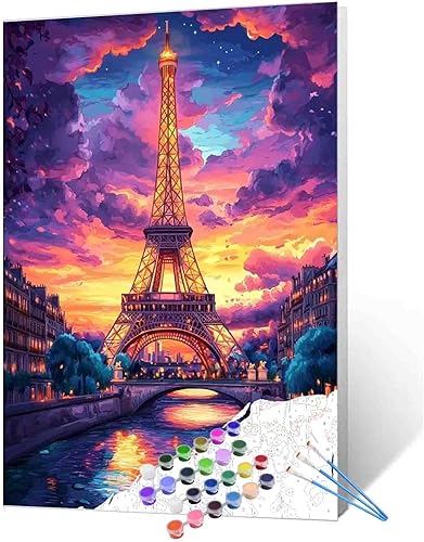 Kit de pintura al óleo de la Torre Eiffel de Francia por números para niños y adultos principiantes paisaje urbano de París, pinturas digitales