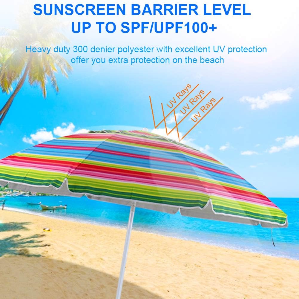YATIO 7ft Beach Umbrella SPF/UPF100+, Beach Umbrellas for Sand Heavy Duty Wind with Sand Anchor Sand Screw, Tilt, Telescopic Pole, Sturdy, Windproof