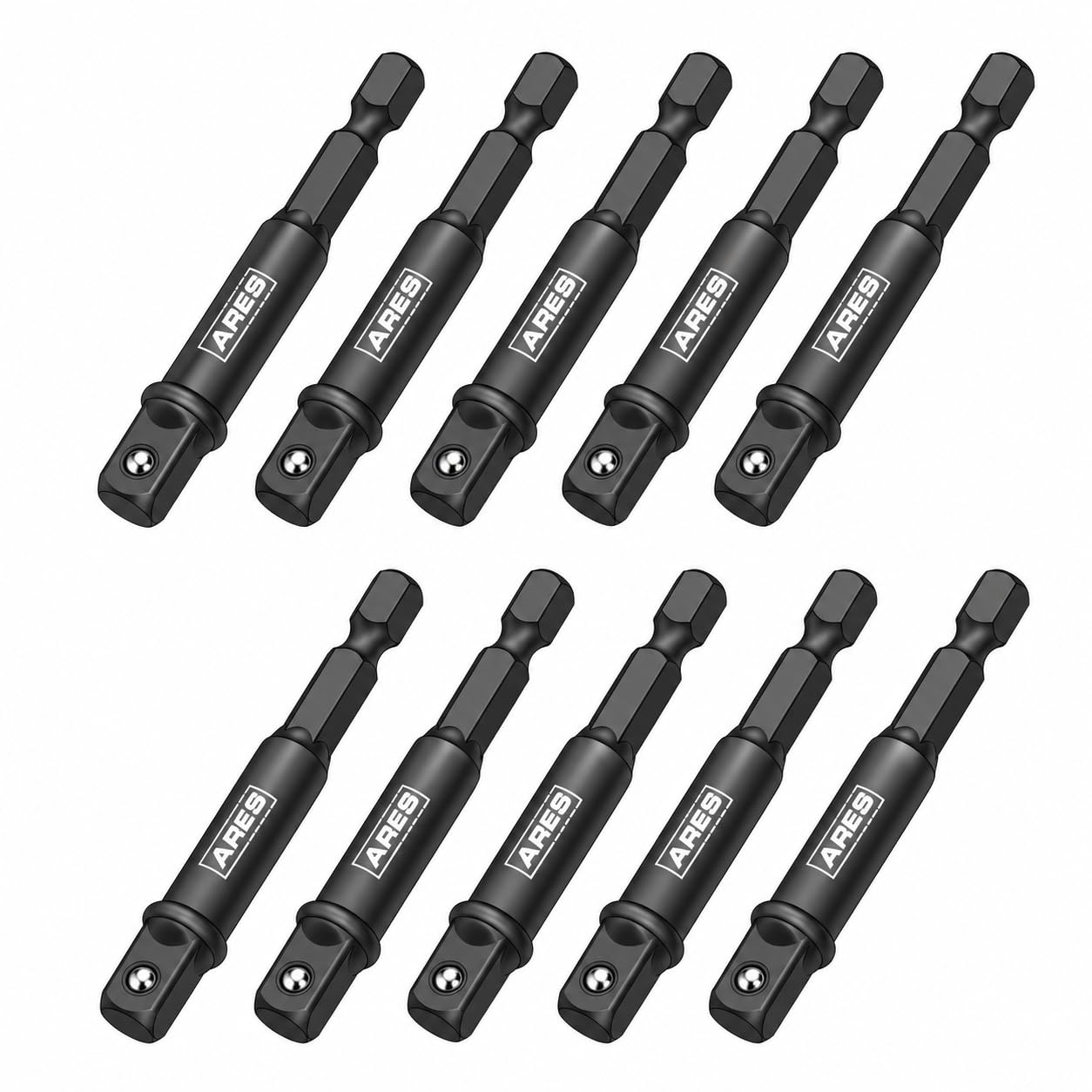 ARES 70384 Juego de adaptadores de enchufe de grado de impacto de 10 piezas de 14 pulgada de accionamiento de 3 pulgadas, convierte el taladro eléctrico en un destornillador de tuerca de alta
