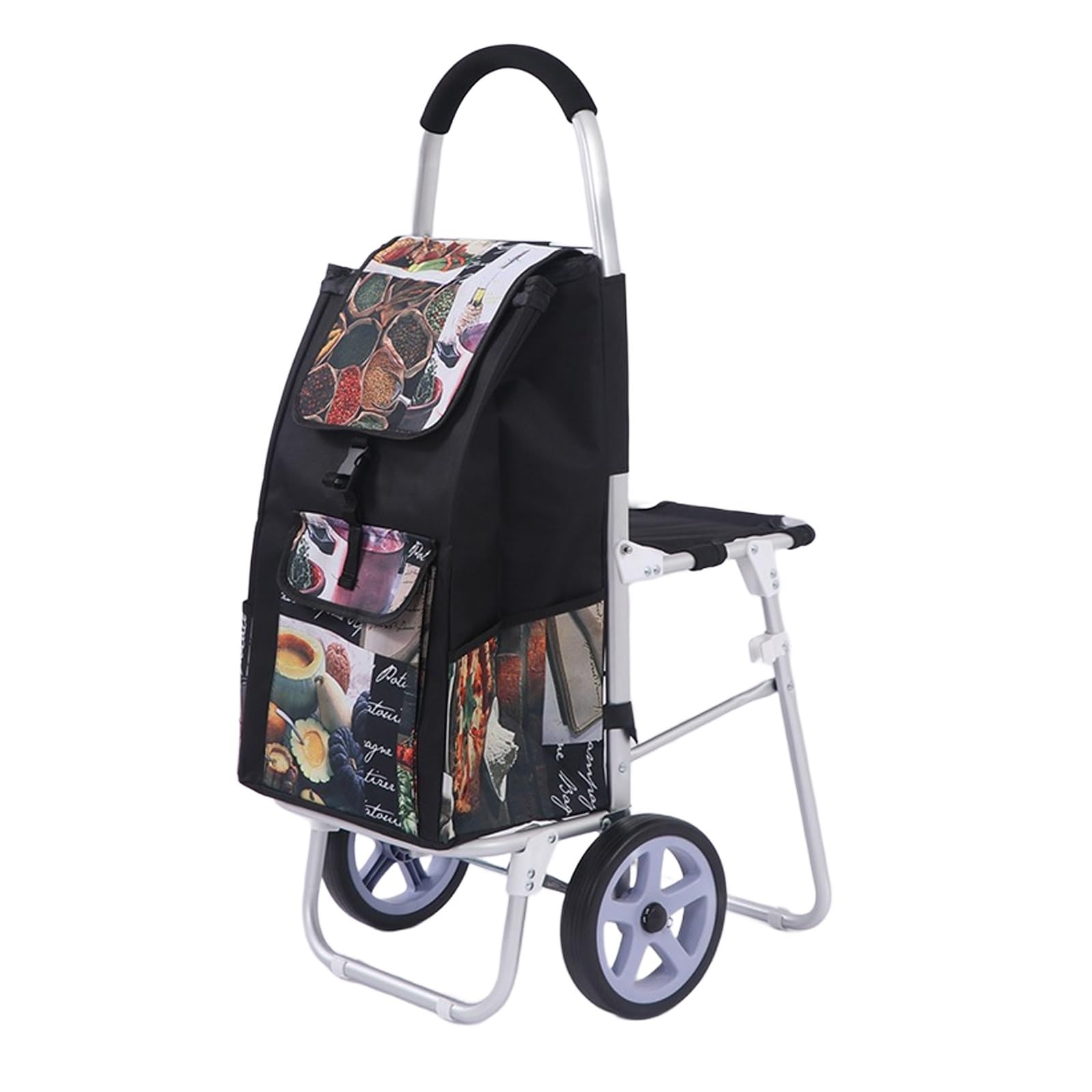 Kompakter, Faltbarer Aluminium-Einkaufswagen mit Sitz, 100 kg Tragkraft, tragbarer Treppensteiger-Trolley für Senioren, Faltbarer Einkaufswagen mit 2 Rädern, Schwarze Tasche (schwarz, 2 Räde