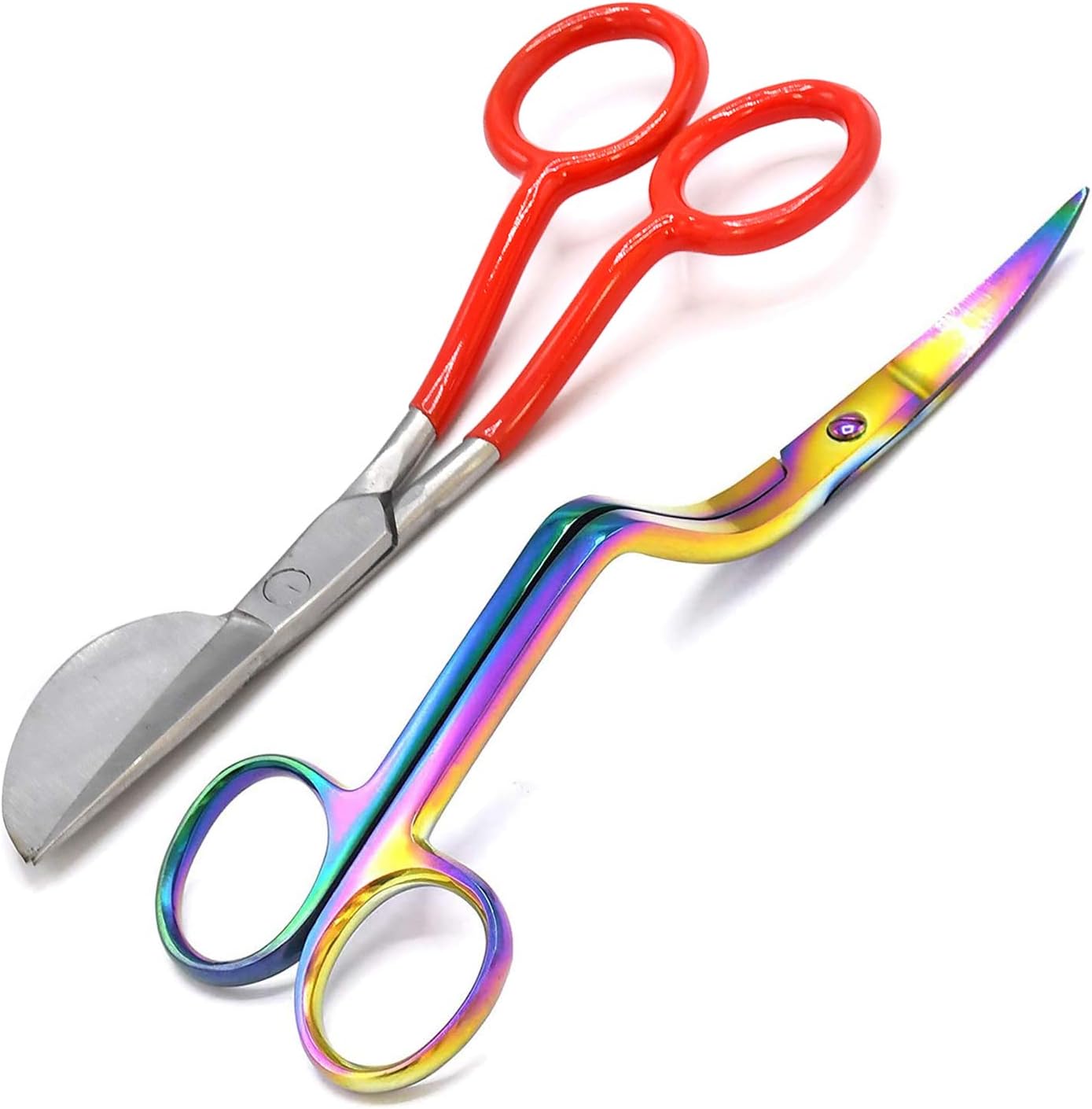 G.S 6 inch Stainless Steel Applique Duckbill Scissors Blade with Offset Handle Red PVC Handle & 6 inch Machine Embroidery Double Curved Scissors Rainbow Color Bundle