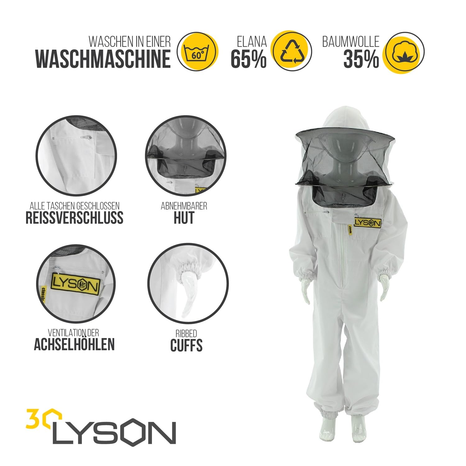 LYSON Kinderanzug mit abnehmbaren Hut Kinderoverall mit Schleier Schutzkleidung für Kinder, Imker Anzug Imkeranzug Schutz vor Bienen 128