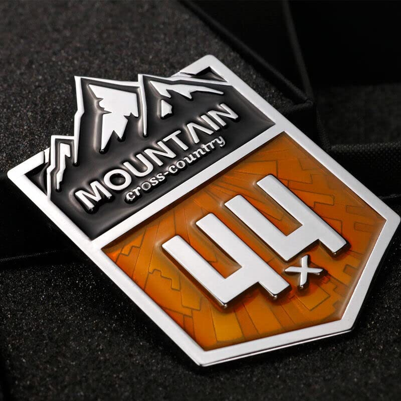 Image of 1X Mountain 4x4 Cross Country Metal Car Sticker Off Road Racing Decal Emblem Badge Fits Off-Road Car Truck SUV (Chrome Black & Orange)