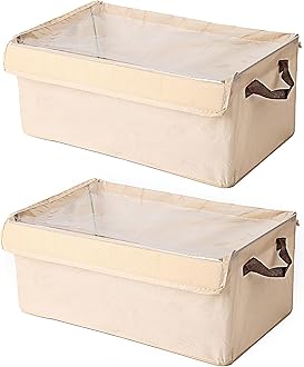 House of Quirk Durable Linen Closet Organizers and Foldable Flip Storage Baskets, Rectangle Storage Boxes for Pants, Jeans, Shirt, Sweaters,Socks (Pack 2, Beige)