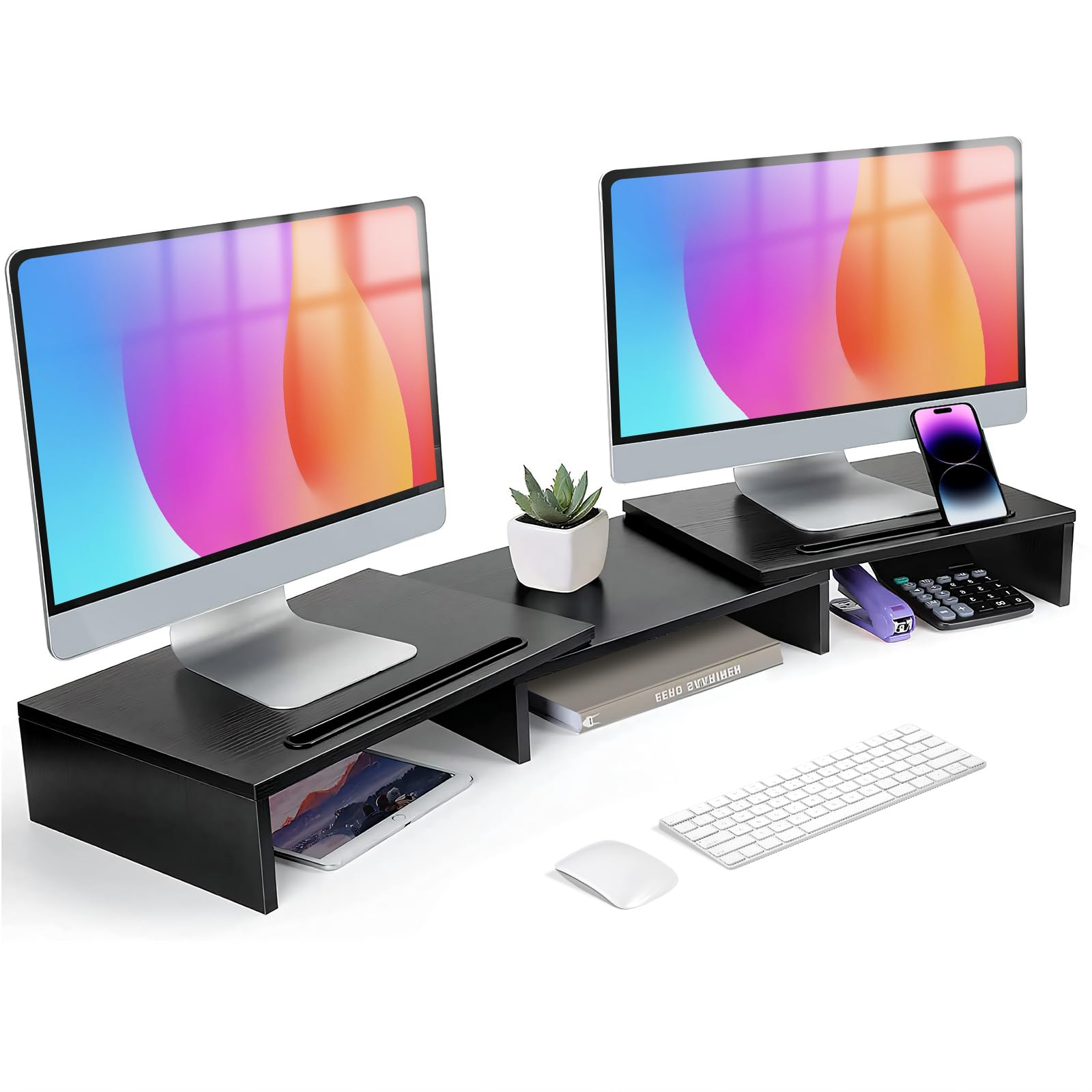 DAWNTREES Dual Monitor Stand Riser 3 Shelf Screen Stand with Adjustable Length and Angle, 2 Extra for PC, Computer, Laptop - Black2