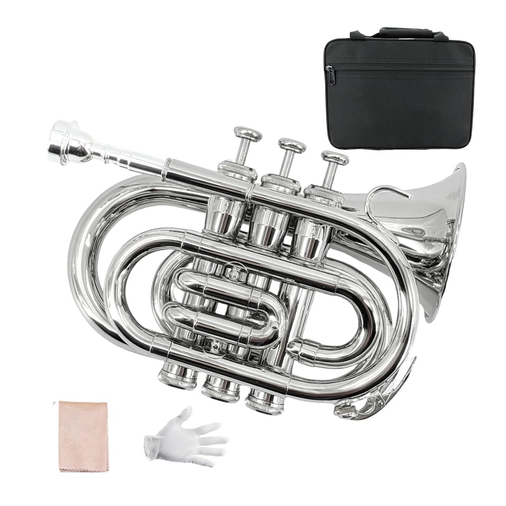 Tromba tascabile professionale in ottone, finitura laccata, con custodia per il trasporto e accessori per la pulizia per principianti e musicisti (argento)