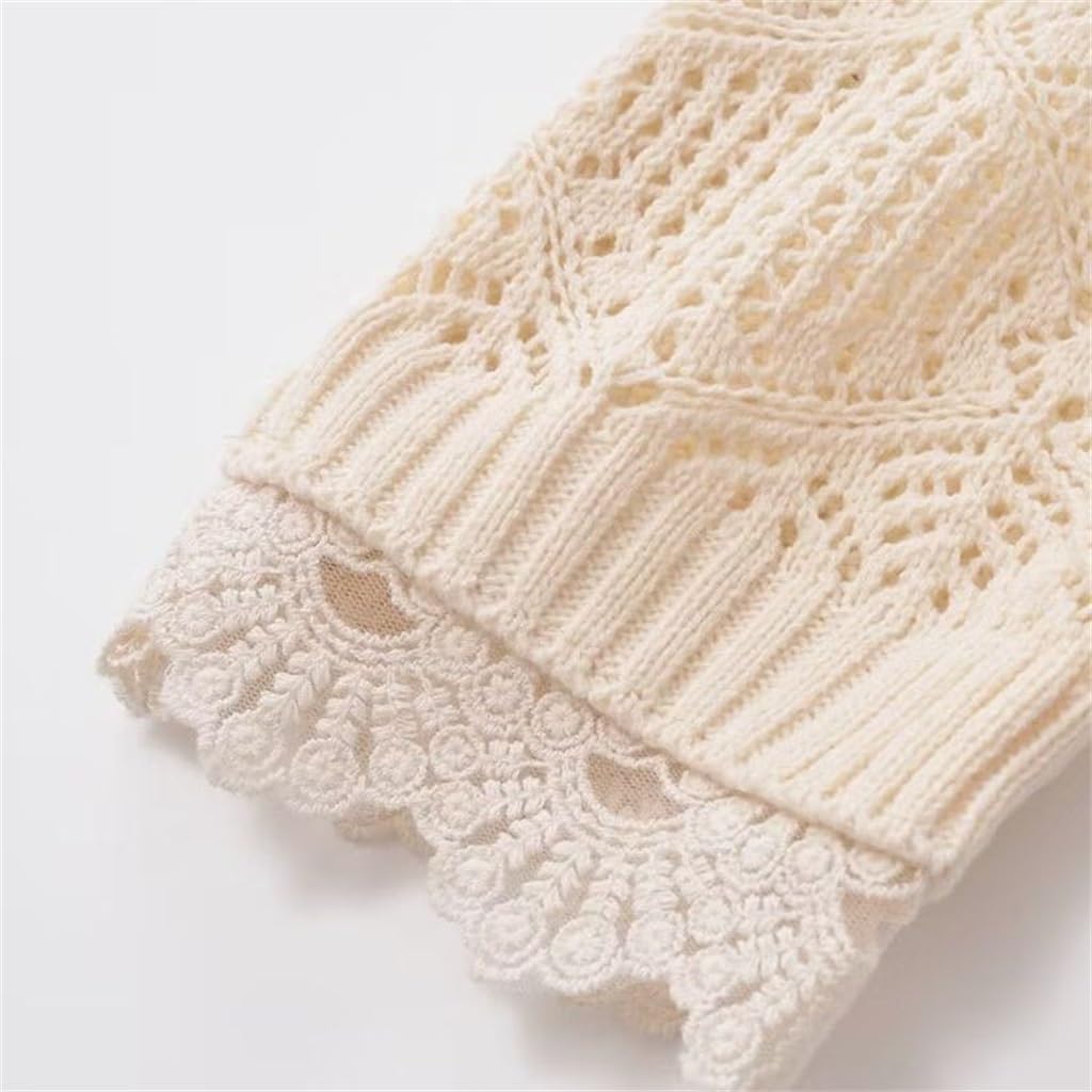 Women's Hollow Round Neck Lace Trim Spliced Knit Sweater Fall Tops