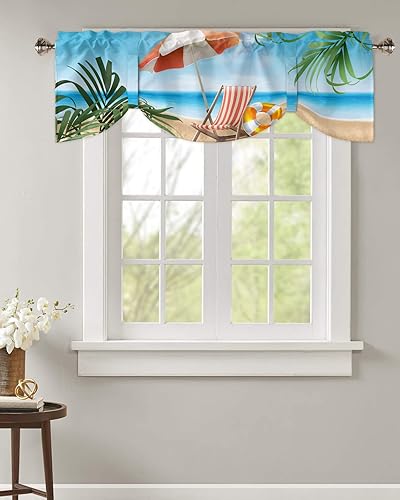 Miniatura 2 de Cenefas de amarre de playa de verano para ventanas, cocina, baño, dormitorio, océano costero, cielo azul, hojas tropicales, cenefa ajustable para