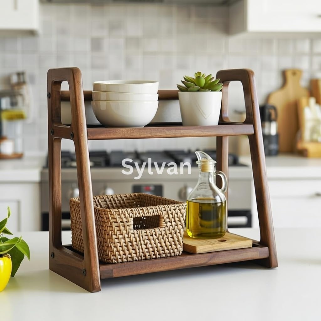 Sylvan Premium Solid Wood 2 Tier Kitchen Rack Organiser | Multipurpose Countertop Shelf for Grocery, Spice Jars, Sugar Containers, Bottles & More | Food-Safe, Handcrafted in India (45x20x40 cm Approx)