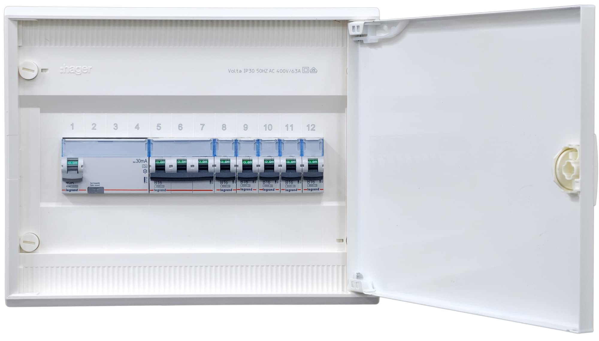 Hager VA12CN - Distribuidor de superficie (1 fila, conexión preinstalada con cable y bloque de sujeción, 1 x FI de 4 polos, 1 x 3 polos + 5 x 1 pol LS B16A)