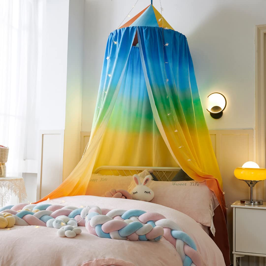 Himmelbett-Vorhänge, runder Kuppelhimmel, Verdunkelung, Mückenschutz, Moskitonetz mit Stern-Lichterkette, Farbverlauf (Regenbogen-Farbverlauf)