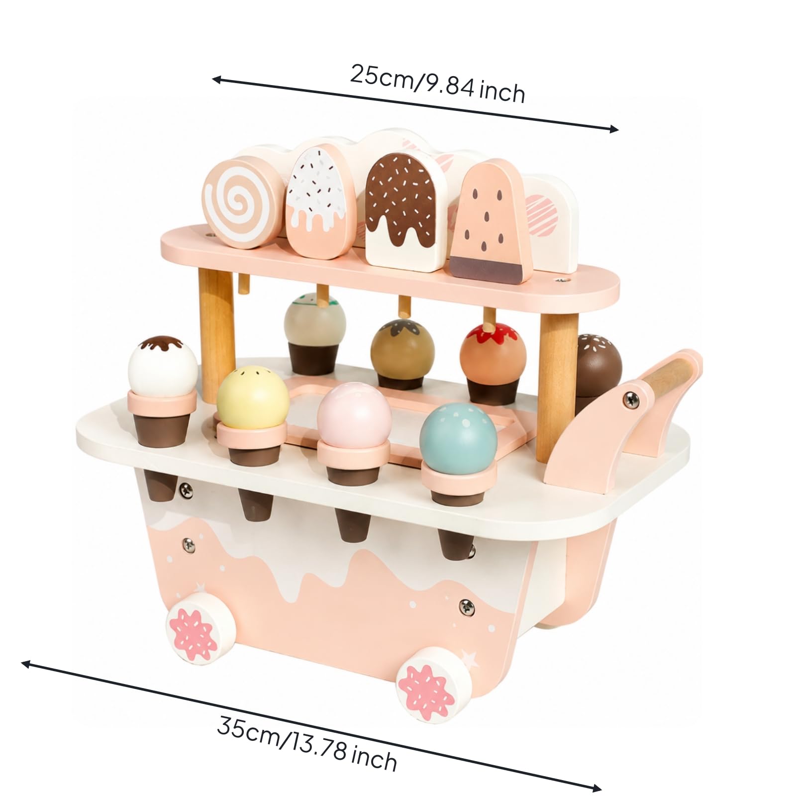 Kinder Rollenspiel Wagen Holz Dessertwagen Eisdiele Spielzeug Verkaufswagen Marktstand mit Spielgeld Und EIS Zubehör Kompakte Tischgröße Und Robuste für Vorschule Kinderzimmer