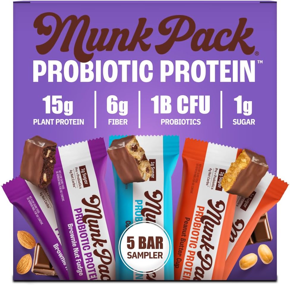 Sampler Pack Probiotic Protein Bars | Keto-Friendly 15g Plant Protein, 1g Sugar, 4g Net Carbs - Vegan, Low Carb, Gluten-Free Healthy Snacks | 5 Count