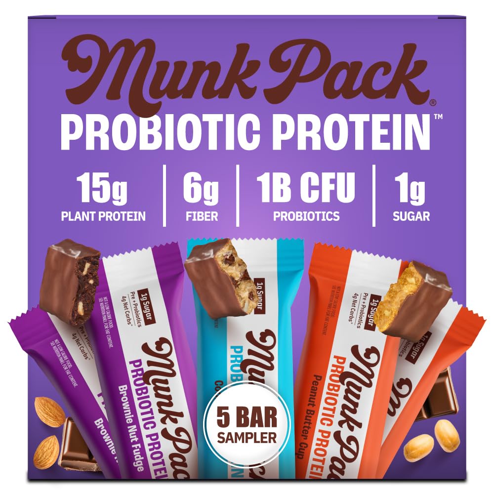 Munk Pack 15g Probiotic Keto Protein Bars – Low Sugar, High Protein -1g Sugar, 4g Net Carbs. Vegan + Plant Based Gut Health. Low Carb Healthy Snack Bar. Sampler Pack – 5 Count Munk Pack 15g Probiotic Keto Protein Bars – Low Sugar, High Protein -1g Sugar, 4g Net Carbs. Vegan + Plant Based Gut Health. Low Carb Healthy Snack Bar. Sampler Pack – 5 Count
