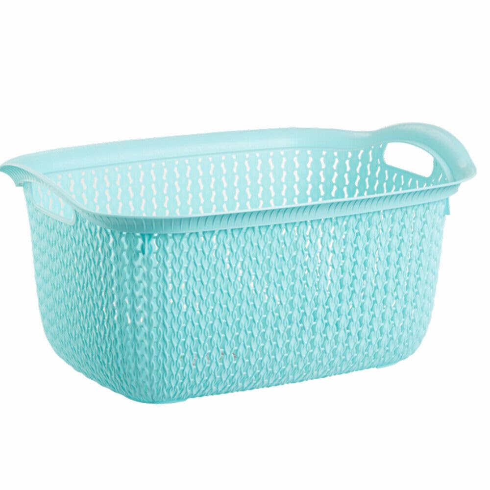 Plastic Laundry Basket Clothes Washing Bin Storage Knitted Hamper Organiser (Blue, Rectangular)