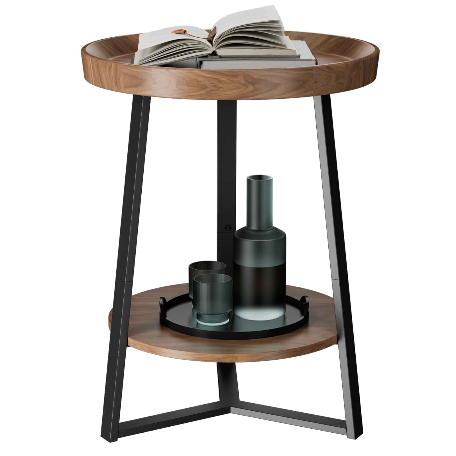 Gadroad Round End Table with Storage Shelf, Brown 2 Tier Farmhouse Side Table, Wood Tabletop, Metal Frame, for Living Room, Bedroom, 15.7*15.7*23.0inches
