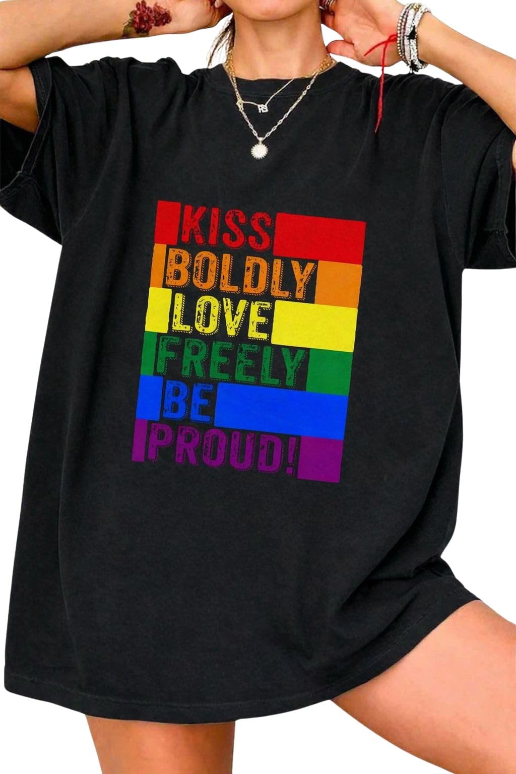 SXV STYLE Kiss Boldly Love Freely Be Proud T-Shirt, Black, Rainbow Pride Flag Graphic, Oversized Fit