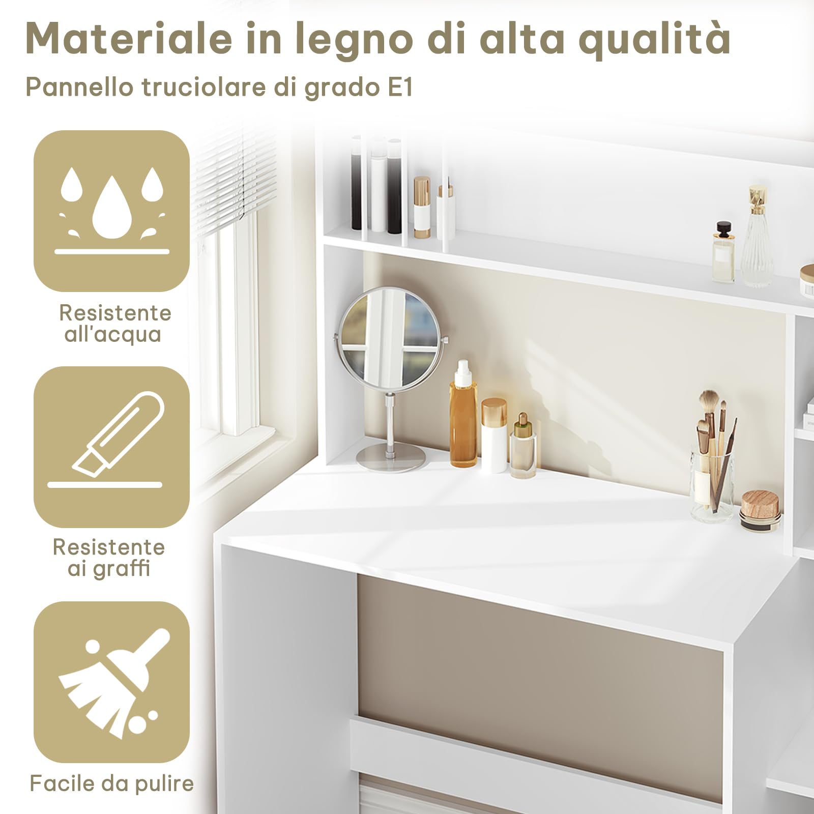 eSituro Tavolo per Computer con Libreria, Scrivania con 5 Ripiani, Scrivania per Bambini, Camera da Letto, Ufficio, Bianco, 113,5x45x139 cm