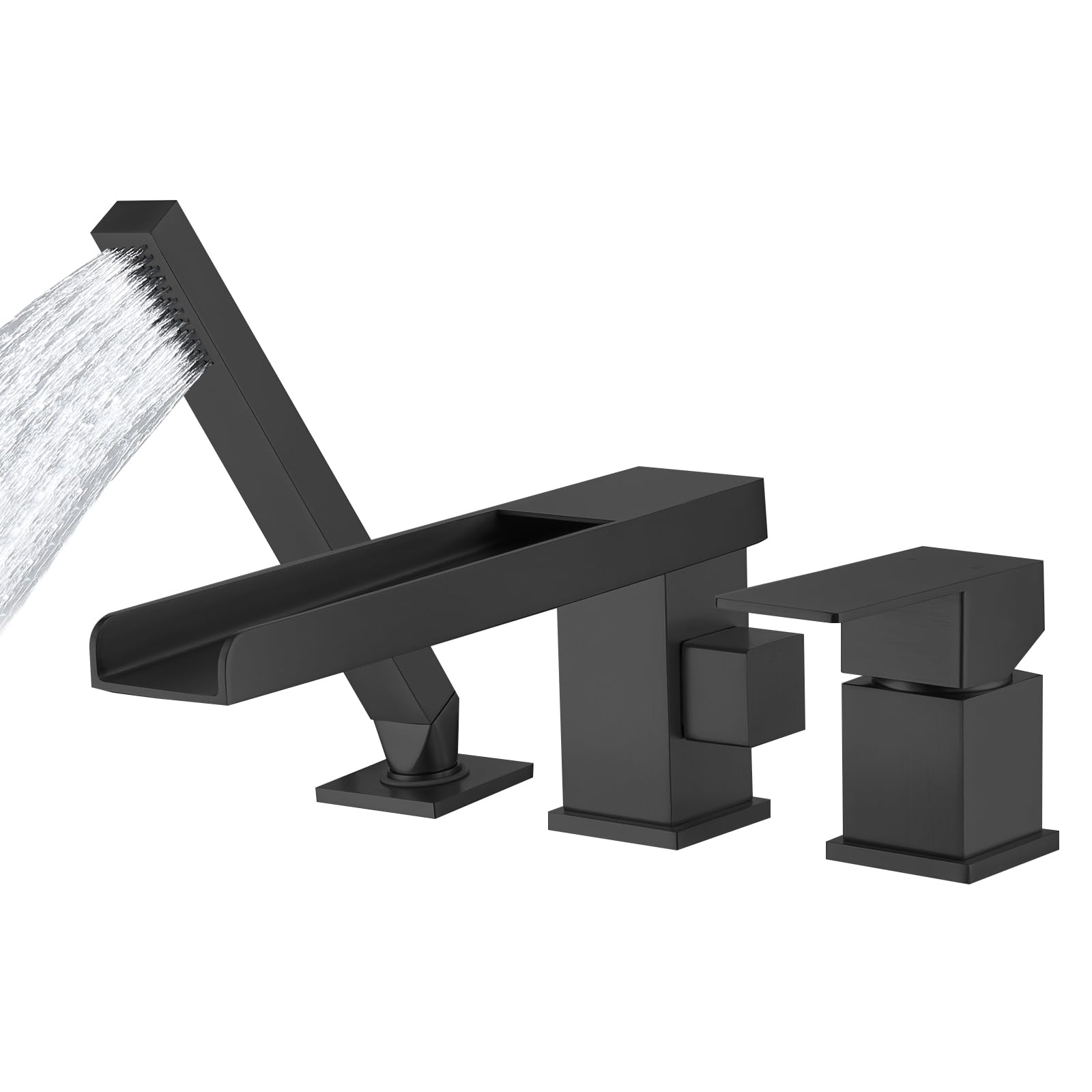 Hcfyauis Matte Black Waterfall Roman Tub Filler Deck Mount 3 Holes Widespread Bathroom Faucet With Waterfall Tub Spout Single Handle Bathtub Faucet Set Roman Bath Tub Faucets,