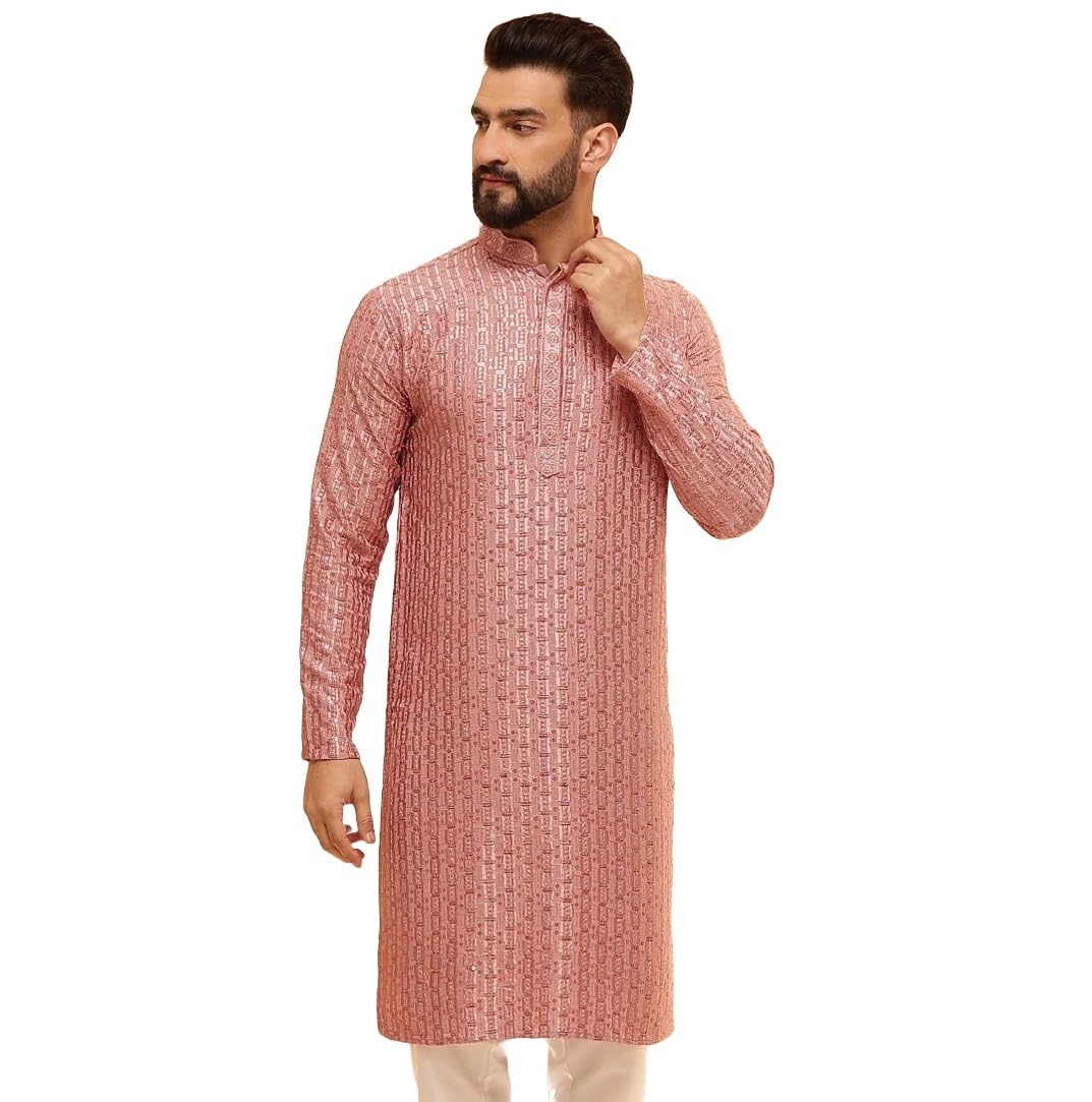 Sojanya (Since 1958 Men's Cotton Rayon Shiny Thread Sequinned Coral Only Long Kurta