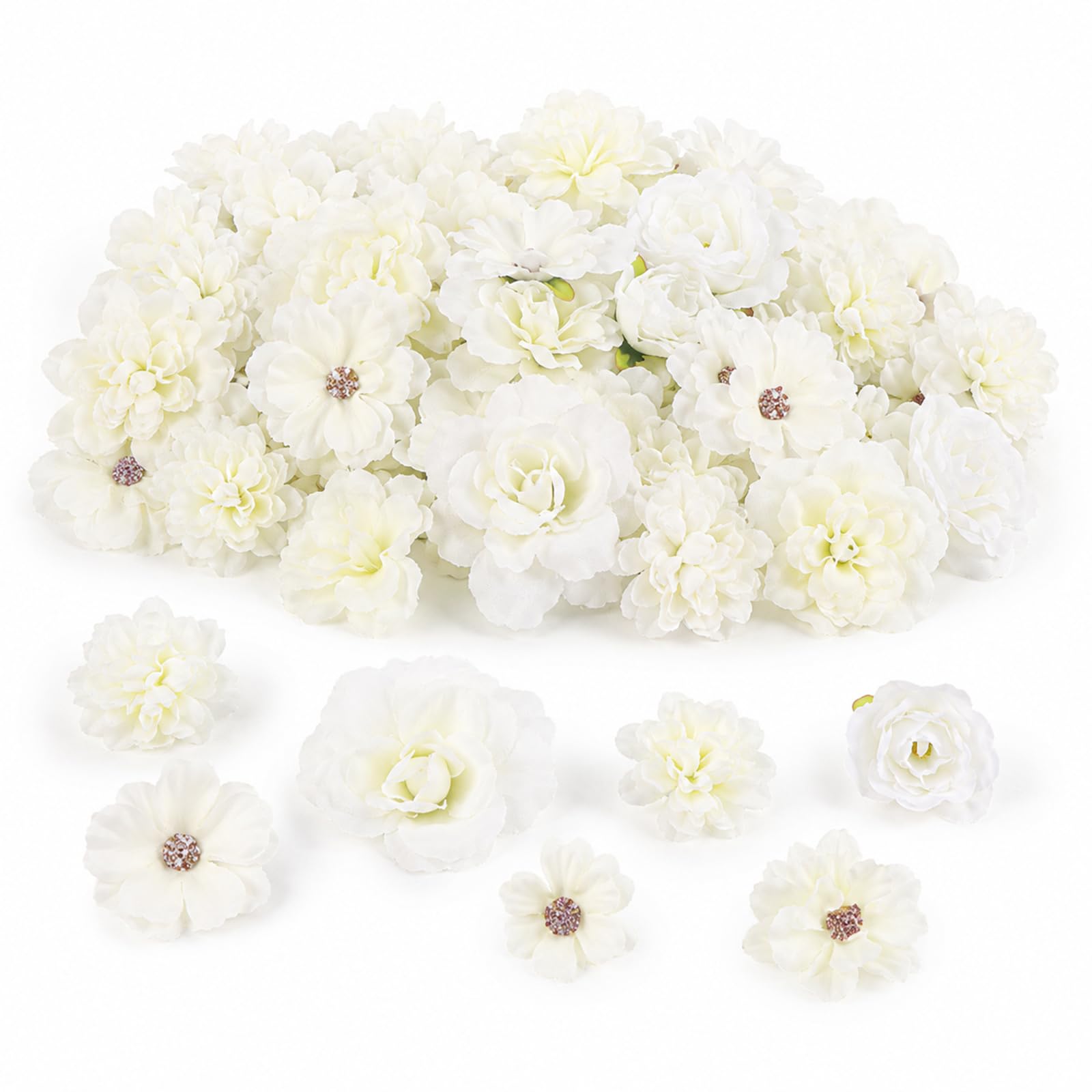 50-Piece Artificial Flowers Heads Silk Faux Fake Flower Small Artificial Silk Flowers for Decoration Craft Flowers for Party & Cake Topping Ready-to-Use Faux Flowers for DIY & Gift Wrapping (White)