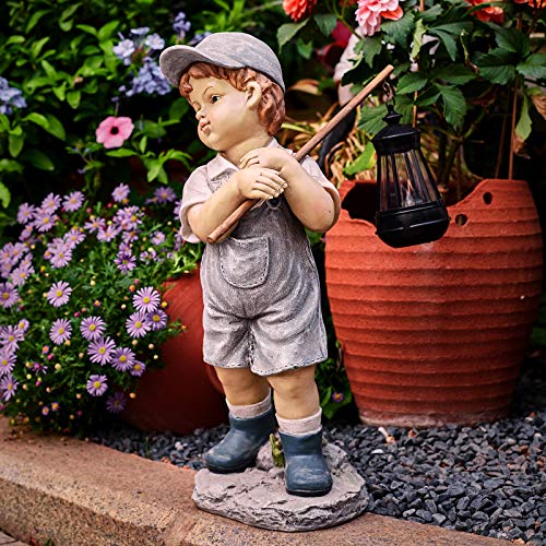 Floryden Solar Boy Statue, Garden Boy Statues With Solar Powered Led Light For Garden, Patio, Lawn, Yard, Housewarming, Thanksgiving, Arbor Day, Hand-Painted Sculpted Figure, 17.5”H Resin #TOP1
