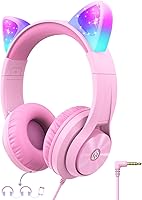 iClever Cat Ear Kids Headphones LED Light Up, 85dB Safe Volume, FunShare Foldable Over-Ear for Girls School/Travel - Meow Donut Pink
