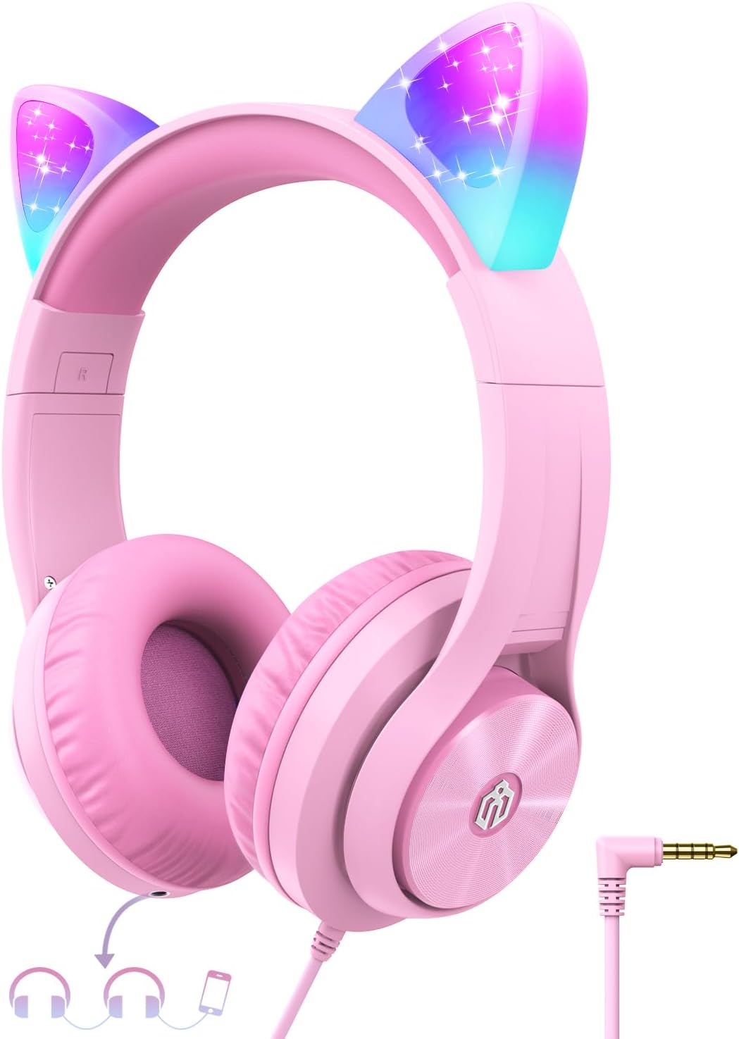 Kids Headphones with Cat Ear Led Light Up, Safe Volume Limite Kids Wired Headphones with FunShare Foldable Over-Ear Headphones for Kids/School/Travel