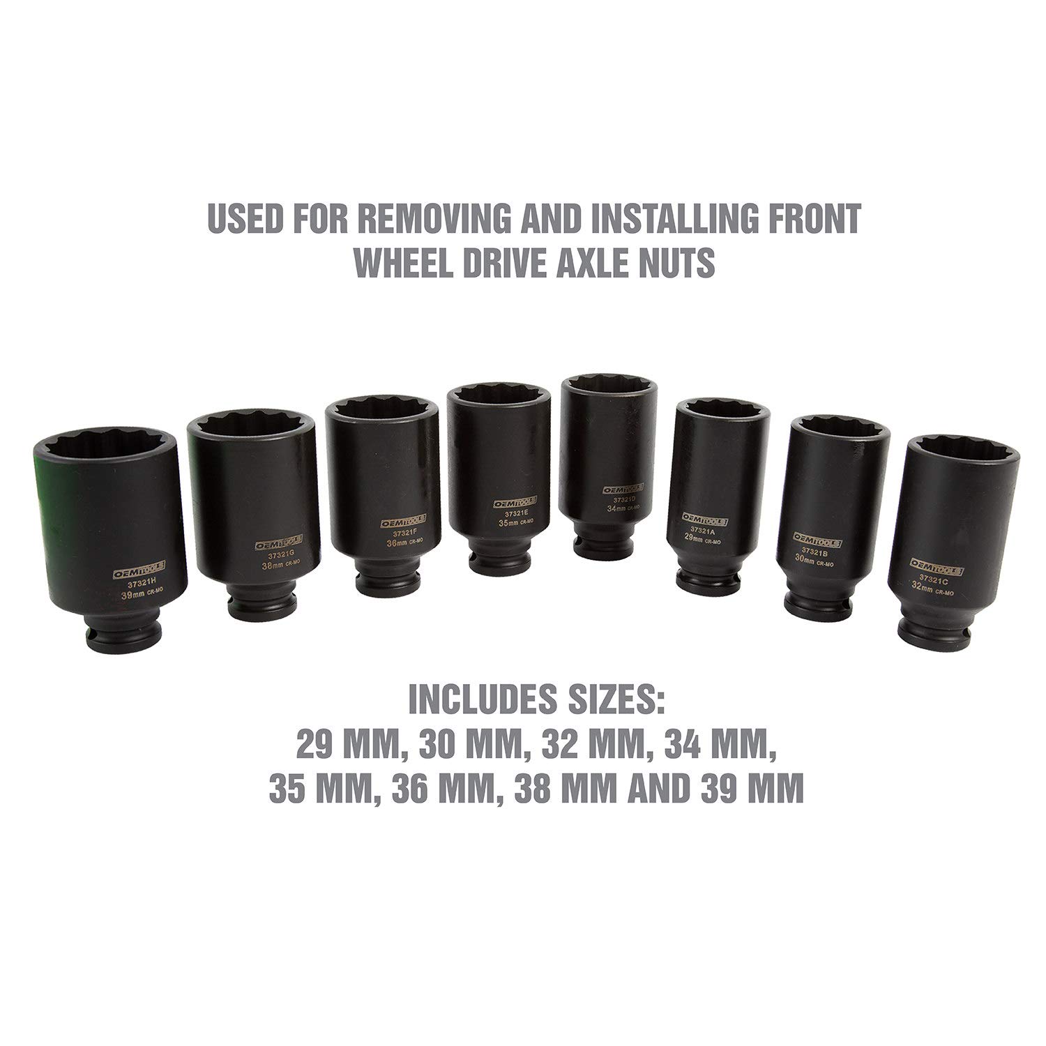 OEMTOOLS 37321 8 Piece 1/2 Inch Drive Axle Nut Socket Set, 12 Point Set, 29mm, 30mm, 32mm, 34mm, 35mm, 36mm, 38mm - Image 4