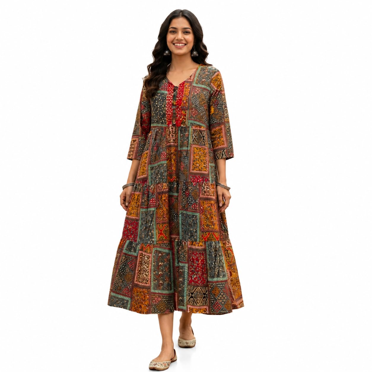 Women's Multicolour Patchwork Print Tiered Midi Dress-picture-56