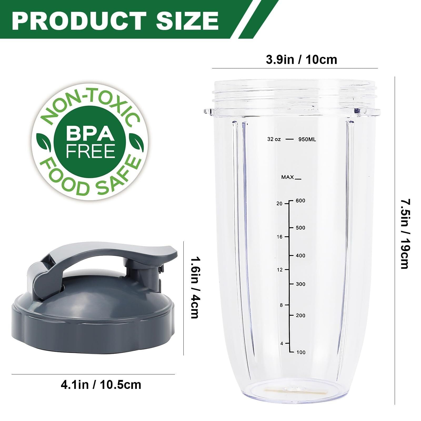 Kit 5 Piezas Repuestos Batidora: Cuchilla, Vaso 32oz, Tapa To-Go y 2 Juntas Compatible con NutriBullet 600W 900W