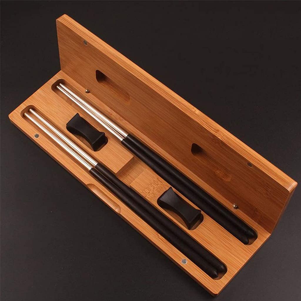 Luxuriöses Essstäbchen-Set aus Holz, wiederverwendbar und Essstäbchenablage-Set, Essstäbchen-Geschenkset aus Naturholz mit Holzetui, spülmaschinenfest, japanische rutschfeste Essstäbchen für Sushi B
