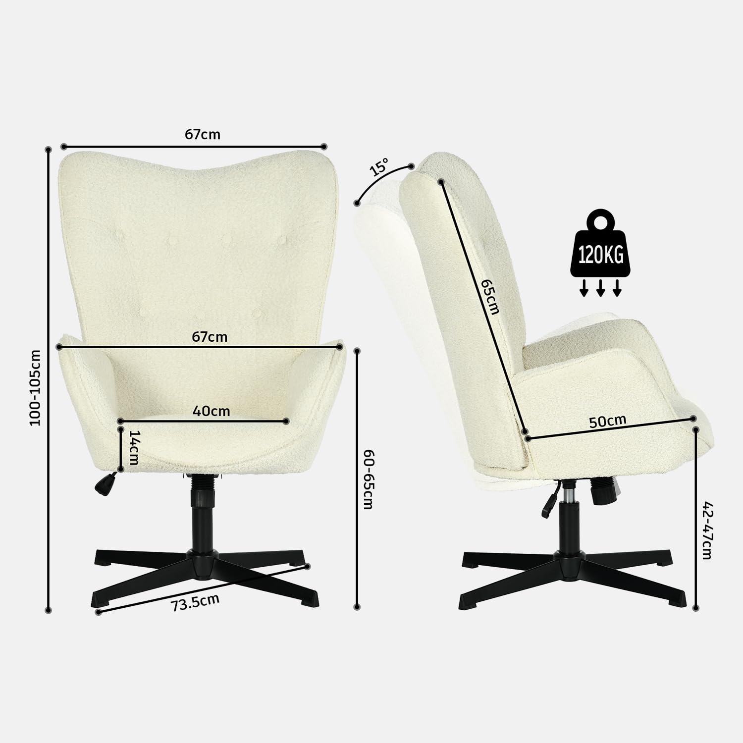 MEUBLE COSY Poltrona Imbottita Girevole Regolabile in Altezza, Sedia da Salotto Funzione di Inclinazione Libera, Poltroncina Relax con Schienale Alto in Tessuto Chenille, Beige