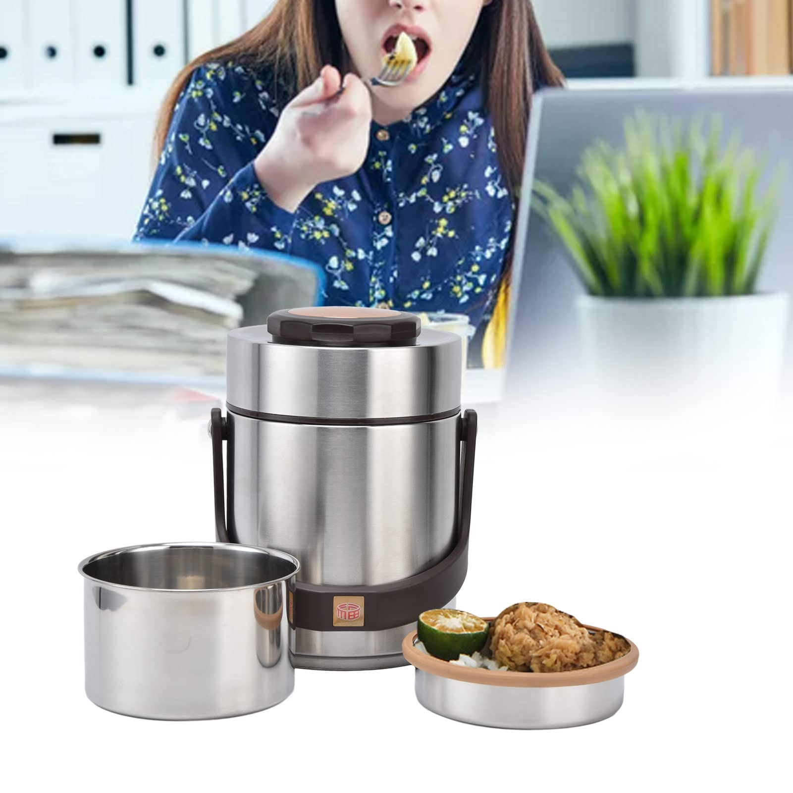 1500 ml Edelstahl Vakuum Isoliertes Essensbehälter Set mit Reis und Gemüsefach für Büro, Picknick und Reisen