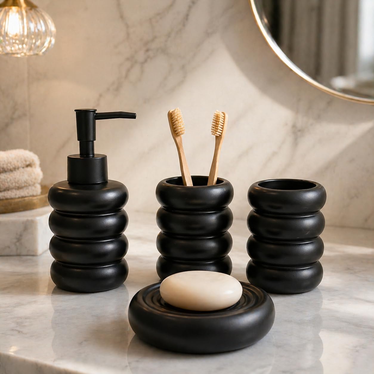 Whizzo® Premium Ceramic Bathroom Accessories Set of 4 Including Soap Dispenser, Toothbrush Holder, Tumbler, Soap Dish for Home, Bathroom - The Best Gifting Choice [Black, WZ-BS-833-Black]-image-25