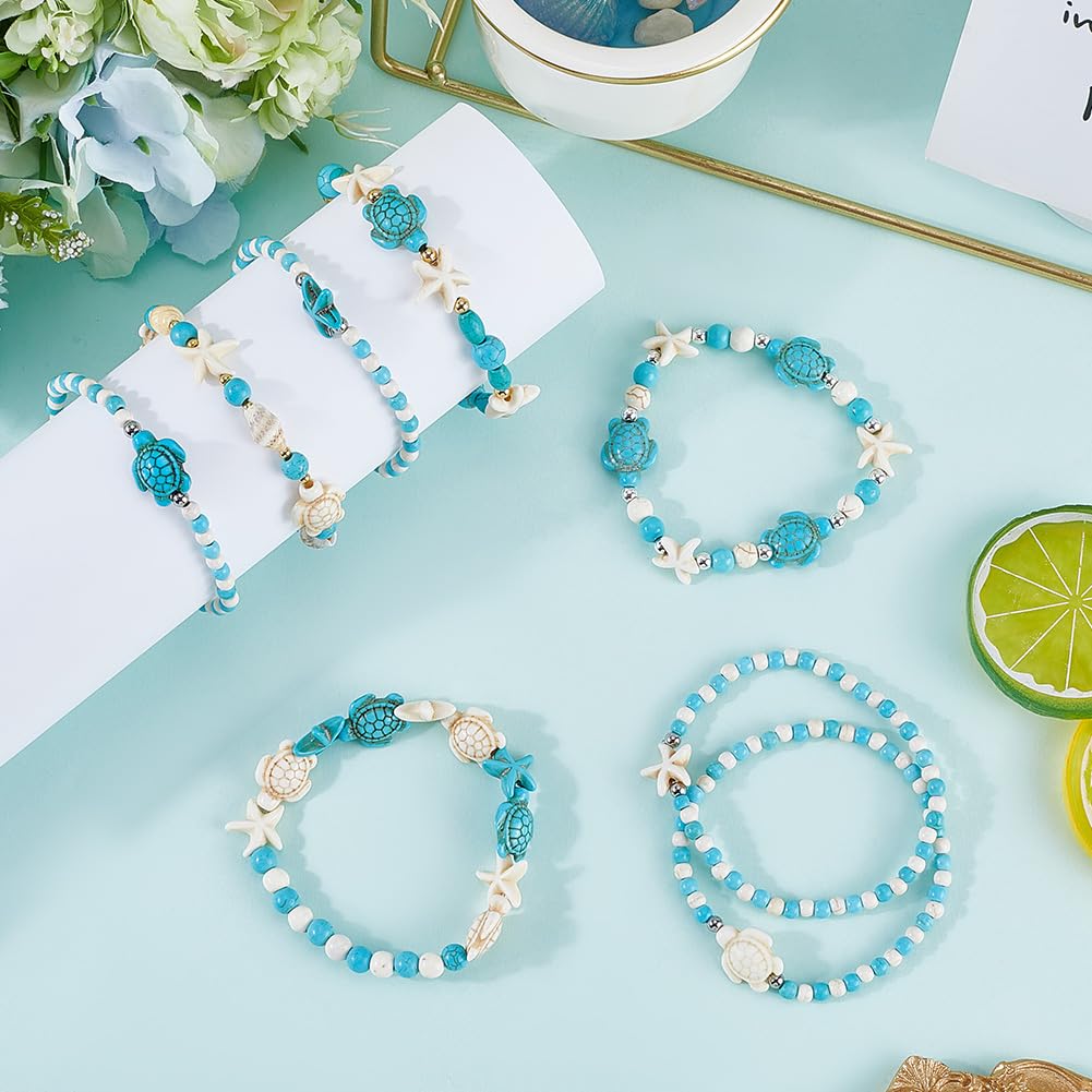 SUNNYCLUE 1 scatola 8 pezzi 5 stili Braccialetti Turchesi per Donne Braccialetti Oceano per Donne Alla Moda Turchese Sintetico Multistrato Bianco Blu Tartaruga Mare Spiaggia Set di Gioielli con Perlin