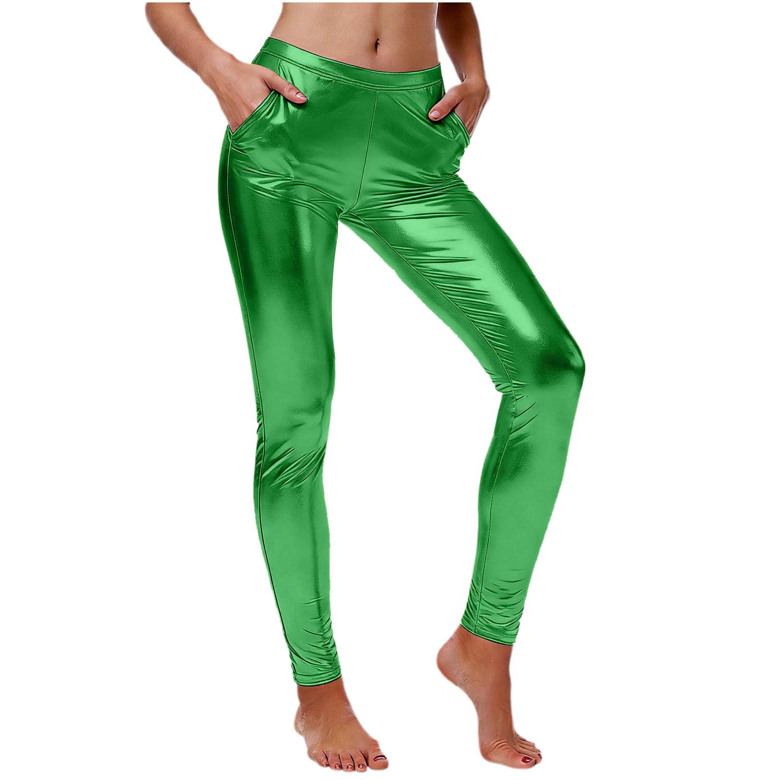 Damskie metaliczne błyszczące legginsy z kieszeniami błyszczące spodnie do jogi z wysokim stanem rozciągliwe płynne błyszczące rajstopy slim fit kompresyjne spodnie treningowe na dyskotekę imprezę