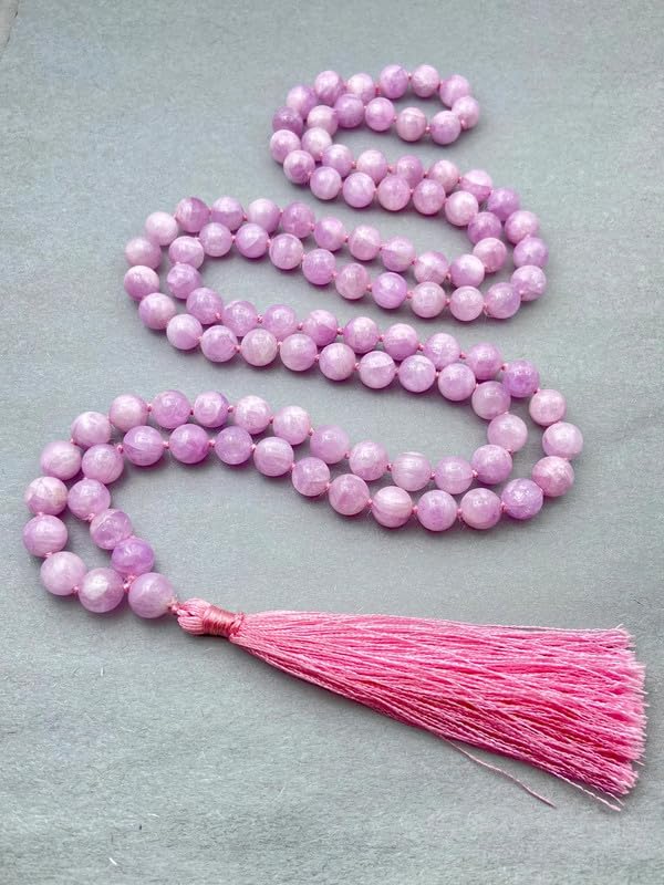 Collier Mala 108 perles en Kunzite rose AAA de 8 mm avec pompon - 2