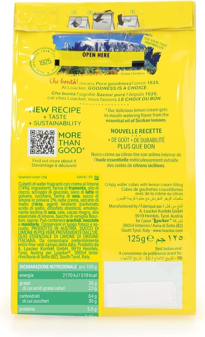 Loacker, Quadratini Lemon, Cubetti da Mangiare in un Boccone, con Cinque Strati di Croccanti Cialdine Wafer e Quattro di Crema al Gusto Limone, Snack Dolci per Colazione, 12 Sacchettini Richiudibili