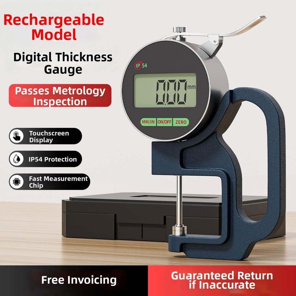 Medidor digital de grosor de alta precisión con resolución de 0,001 mm, IP54, pantalla LCD recargable para pruebas industriales de cuero