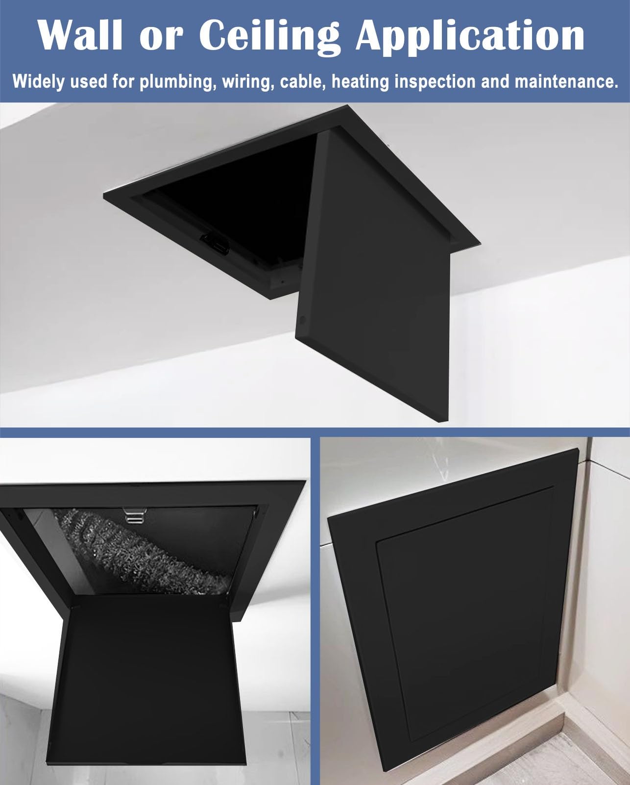 Trampilla Pladur Negro Panel de Acceso para Fontaneria Electrica, Puerta de Acceso a La Pared del Atico Metal, Click to Open Drywall Trampilla Pladur Tapa de Revisión Tapa Caja Fusibles, Incluye Torni