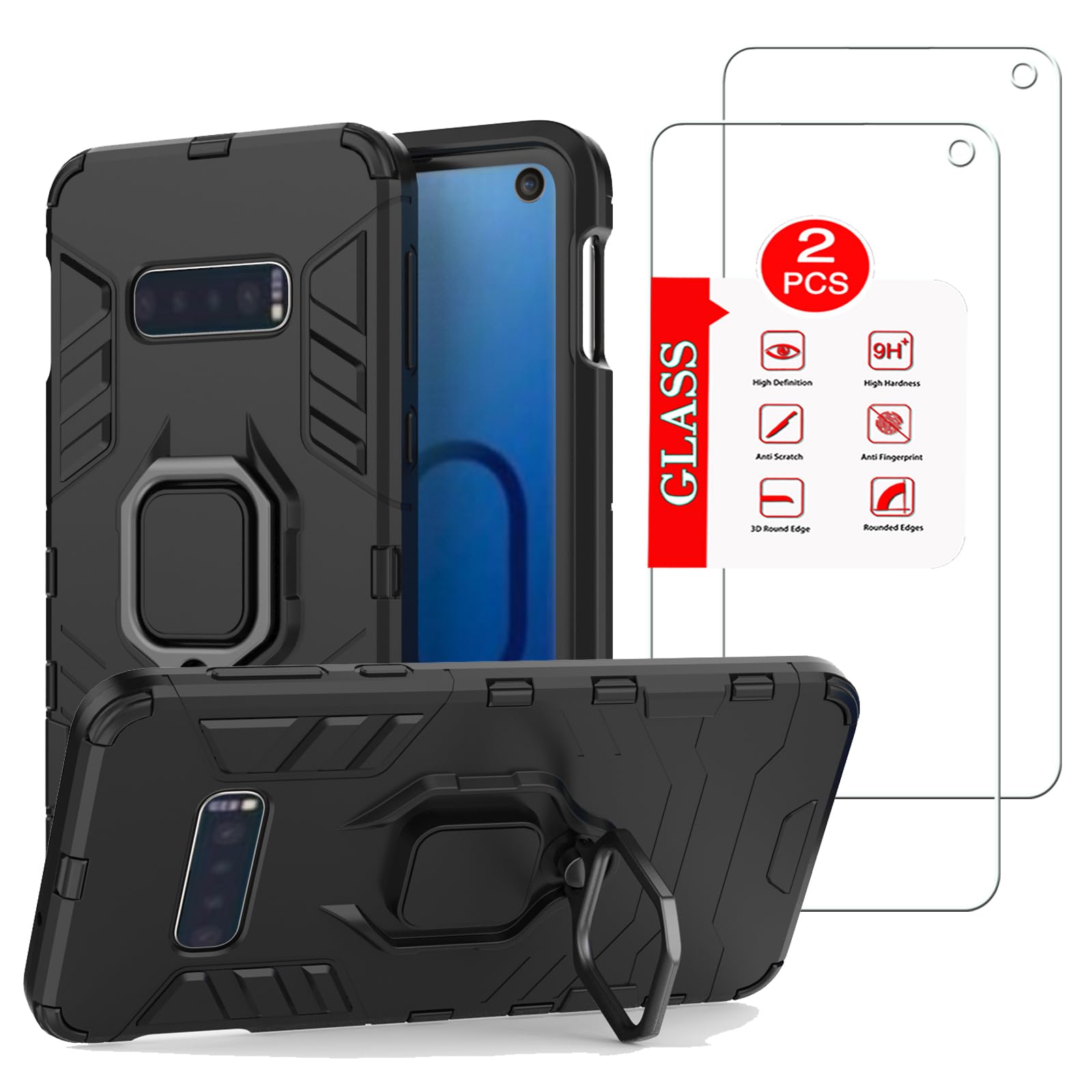 for Samsung Galaxy S10e Case with [2 Pack] Tempered Glass Screen Protector, for Galaxy S10e Heavy Duty Armor [Military-Grade] Protective，with Magnetic Kickstand Car Mount Holder Phone Case Black