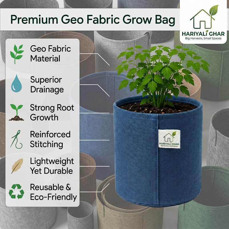 Image of 400 GSM Geo Fabric Round Grow Bags 18x18 Inch, Blue Planting Bags for Terrace and Kitchen Gardening Pack of 3